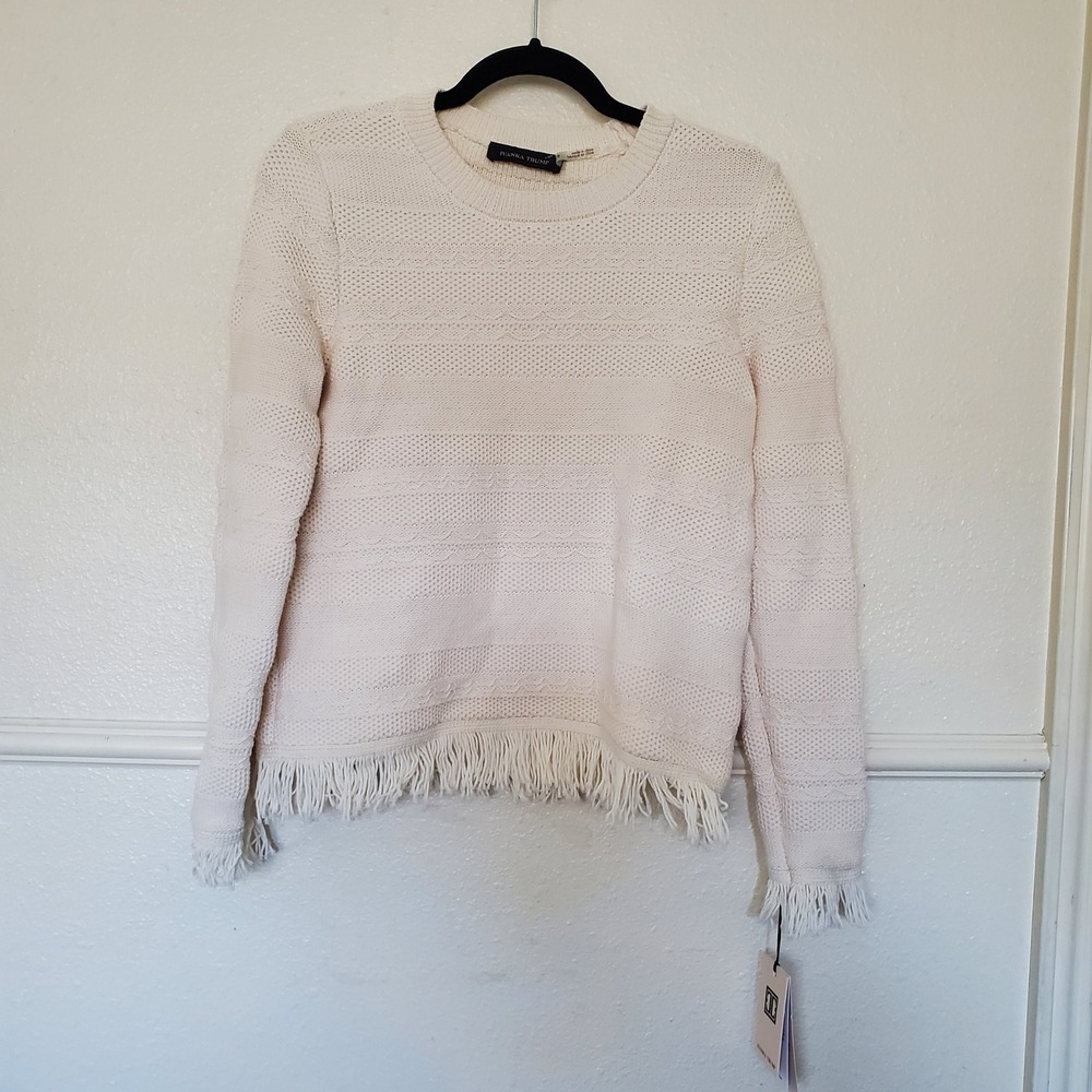 Ivanka Trump Women Cream Textured Knit Fringe Hem Long Sleeve Sweater Small NEW